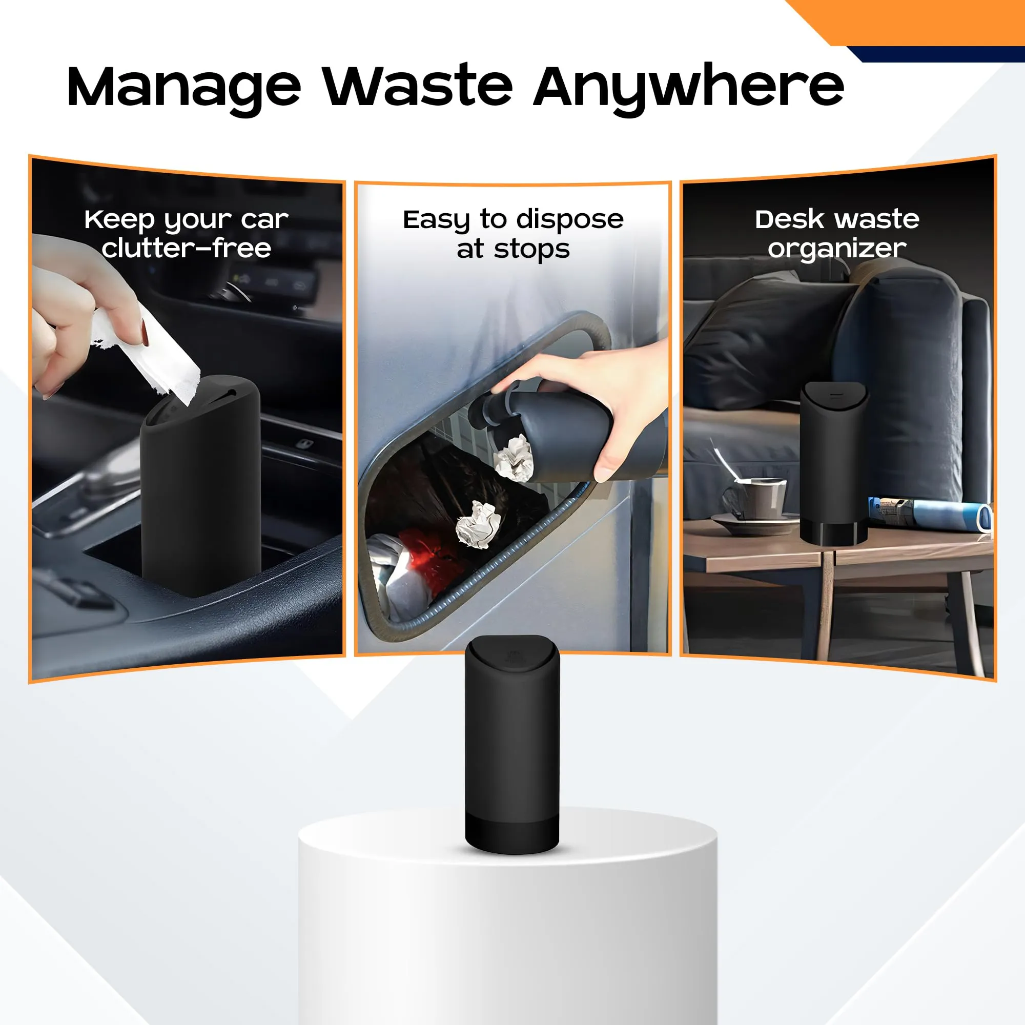 CARBINIC Small Car Dustbin with Lid | Silicone Car Trash Can | Portable Garbage Bin for Home, Office & Car | Mini Car Trash Bin Fits Cup Holder in Console/Door | Odor-free & Leakproof Dustbin | Black