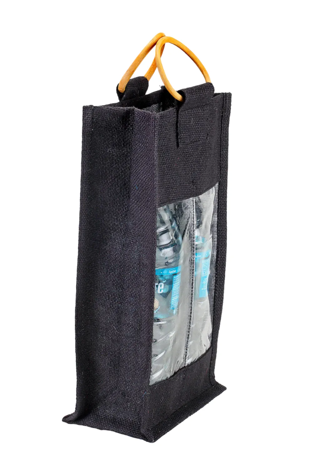 Coloured jute bottle bag with bamboo handle  (35.5 x 21 x 10 cm)
