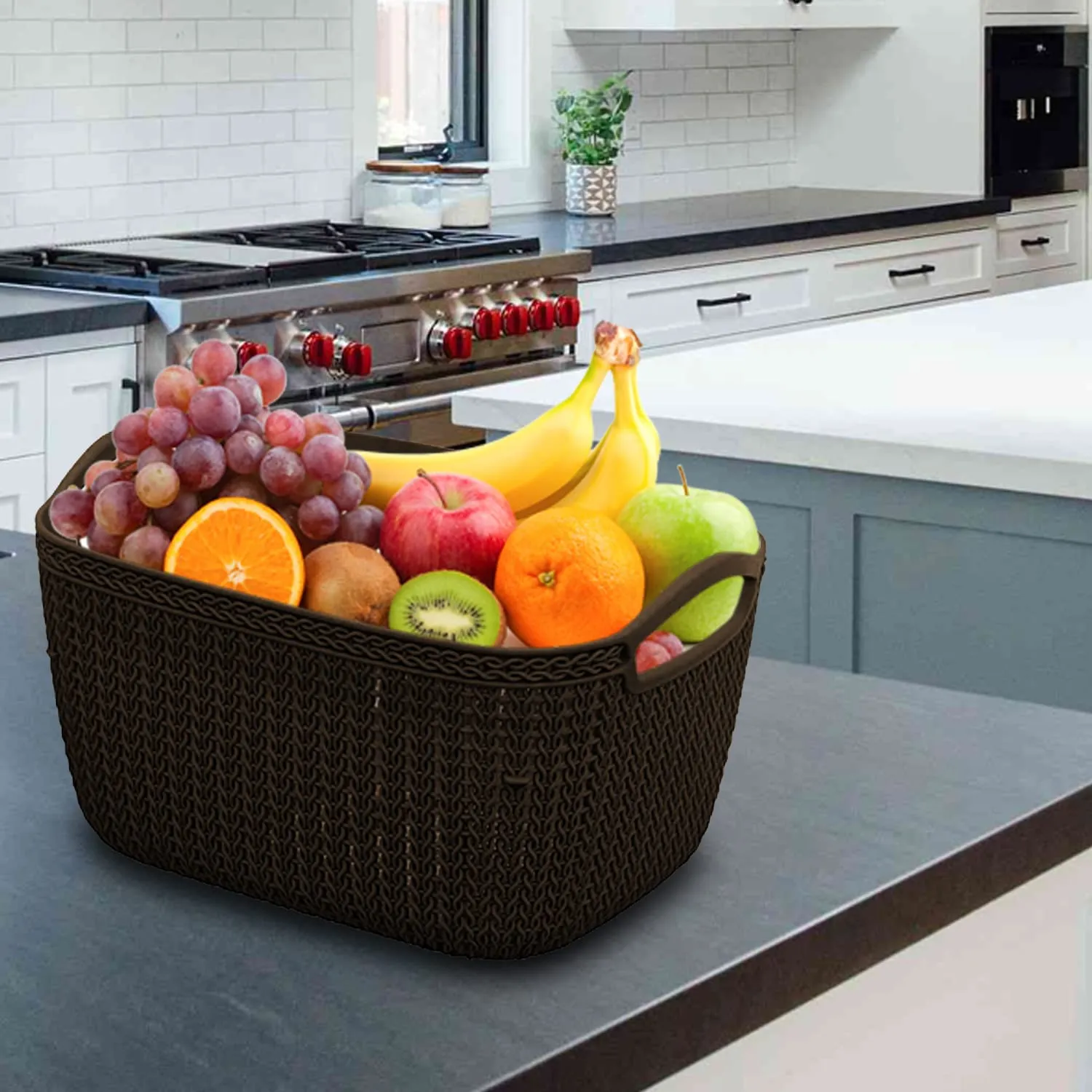 Heart Home Q-6 Designer Plastic Storage Basket For Store Fruits, Vegetables, Magazines, Cosmetics, Stationary Pack of 2 (Brown)-50HH01676