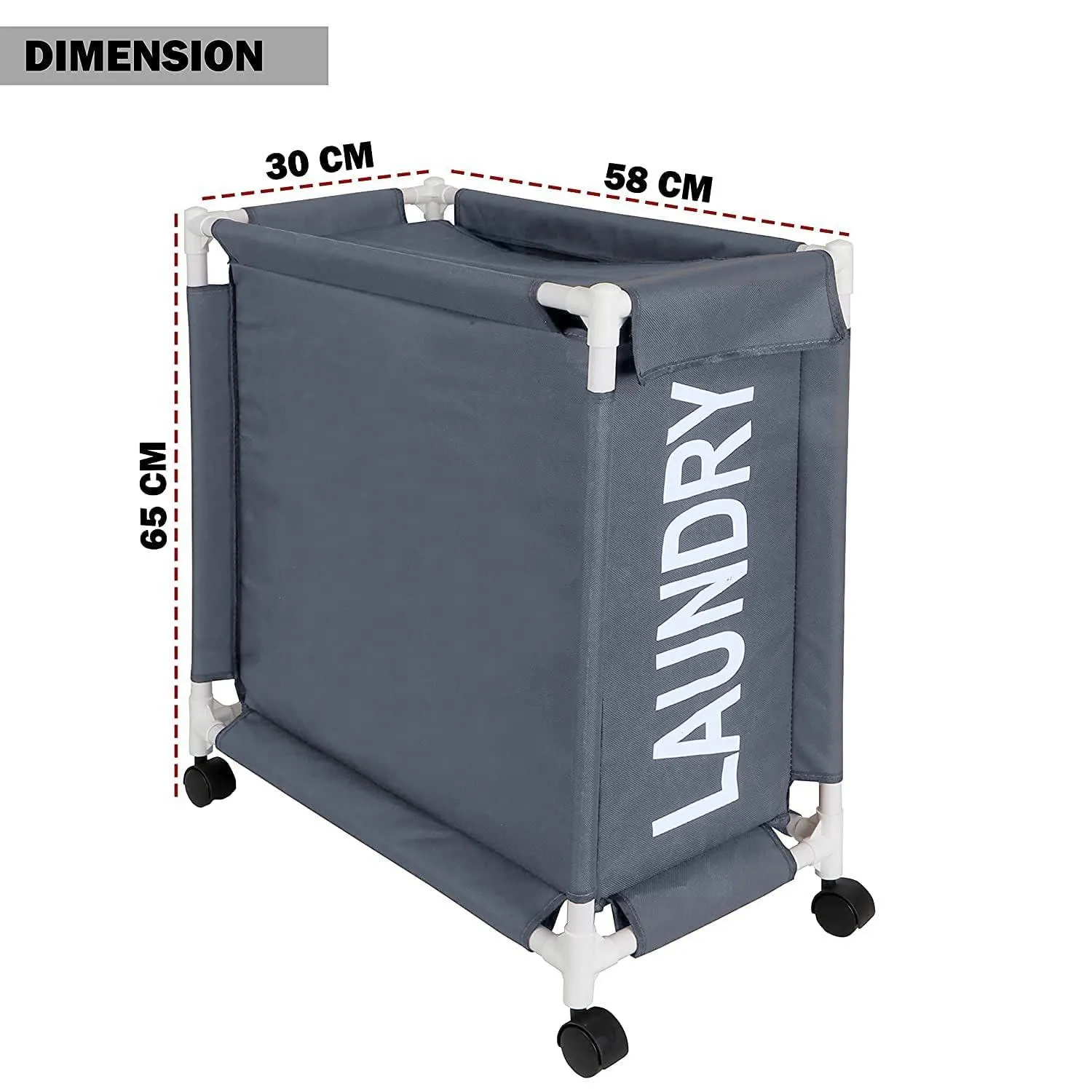 HOKIPO Oxford Fabric Laundry Basket Trolley With Wheels - 65x30x58 cm, Grey