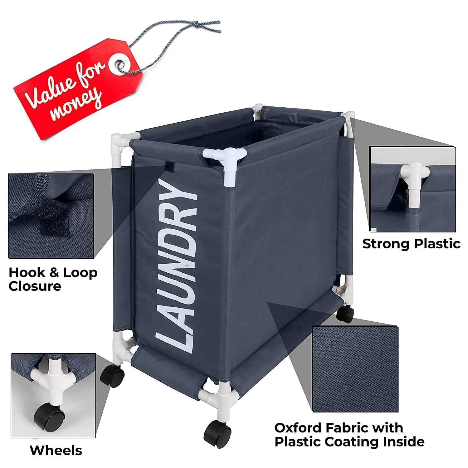 HOKIPO Oxford Fabric Laundry Basket Trolley With Wheels - 65x30x58 cm, Grey