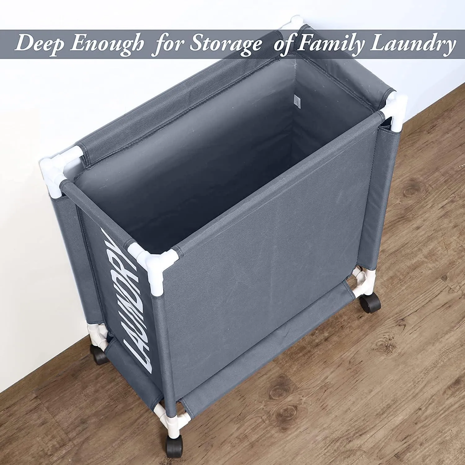 HOKIPO Oxford Fabric Laundry Basket Trolley With Wheels - 65x30x58 cm, Grey