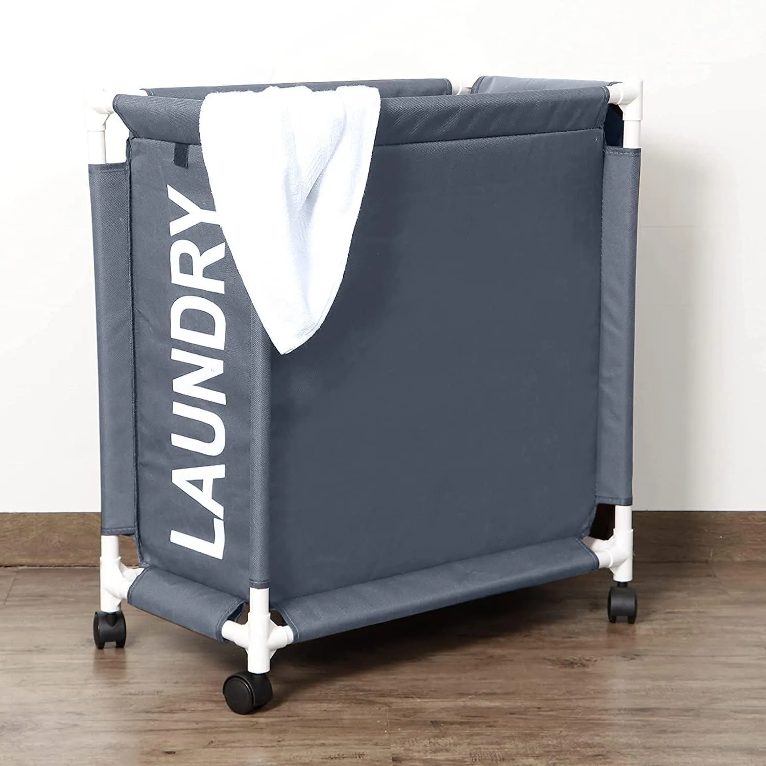 HOKIPO Oxford Fabric Laundry Basket Trolley With Wheels - 65x30x58 cm, Grey