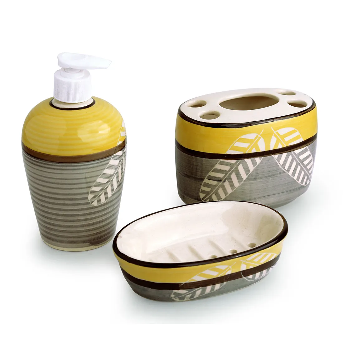 'Imprinted Leaves' Handpainted Ceramic Bathroom Accessory (Set Of 3)