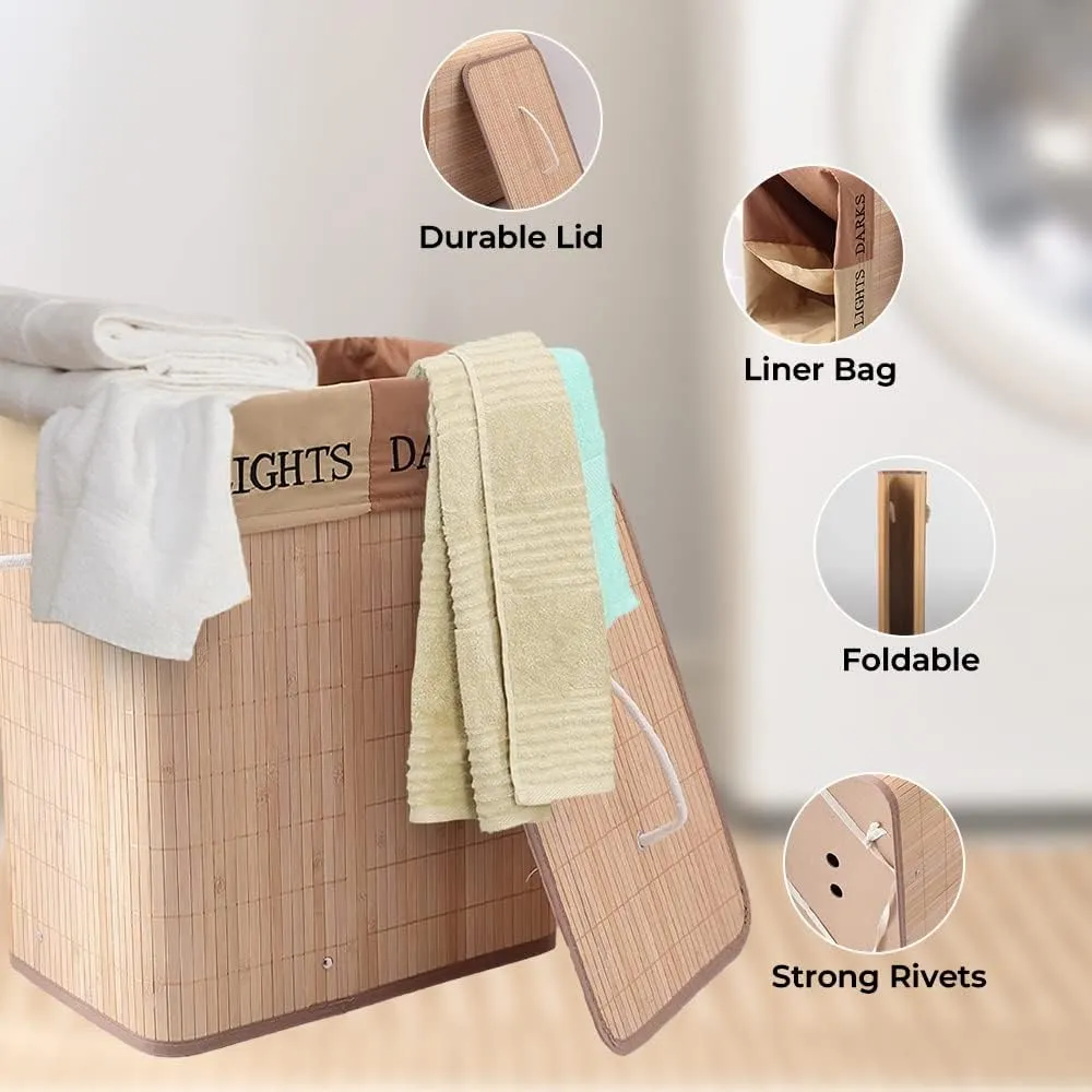 Kuber Industries Bamboo Basket With Lid|Foldable Laundry Basket For Clothes|Durable Rope Handles & Removable Bag|Natural|Pack Of 5