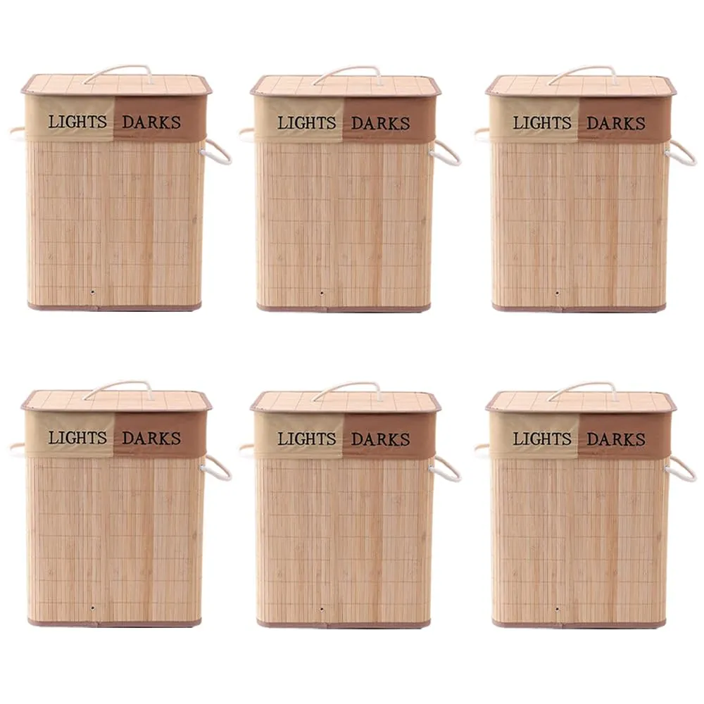 Kuber Industries Bamboo Basket With Lid|Foldable Laundry Basket For Clothes|Durable Rope Handles & Removable Bag|Natural|Pack Of 5