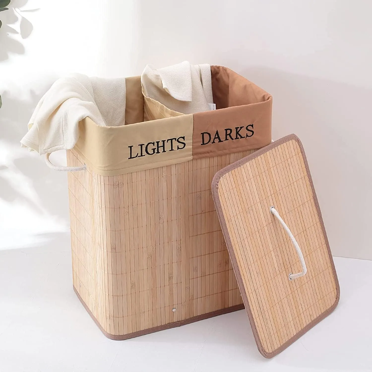 Kuber Industries Bamboo Basket With Lid|Foldable Laundry Basket For Clothes|Durable Rope Handles & Removable Bag|Natural|Pack Of 5