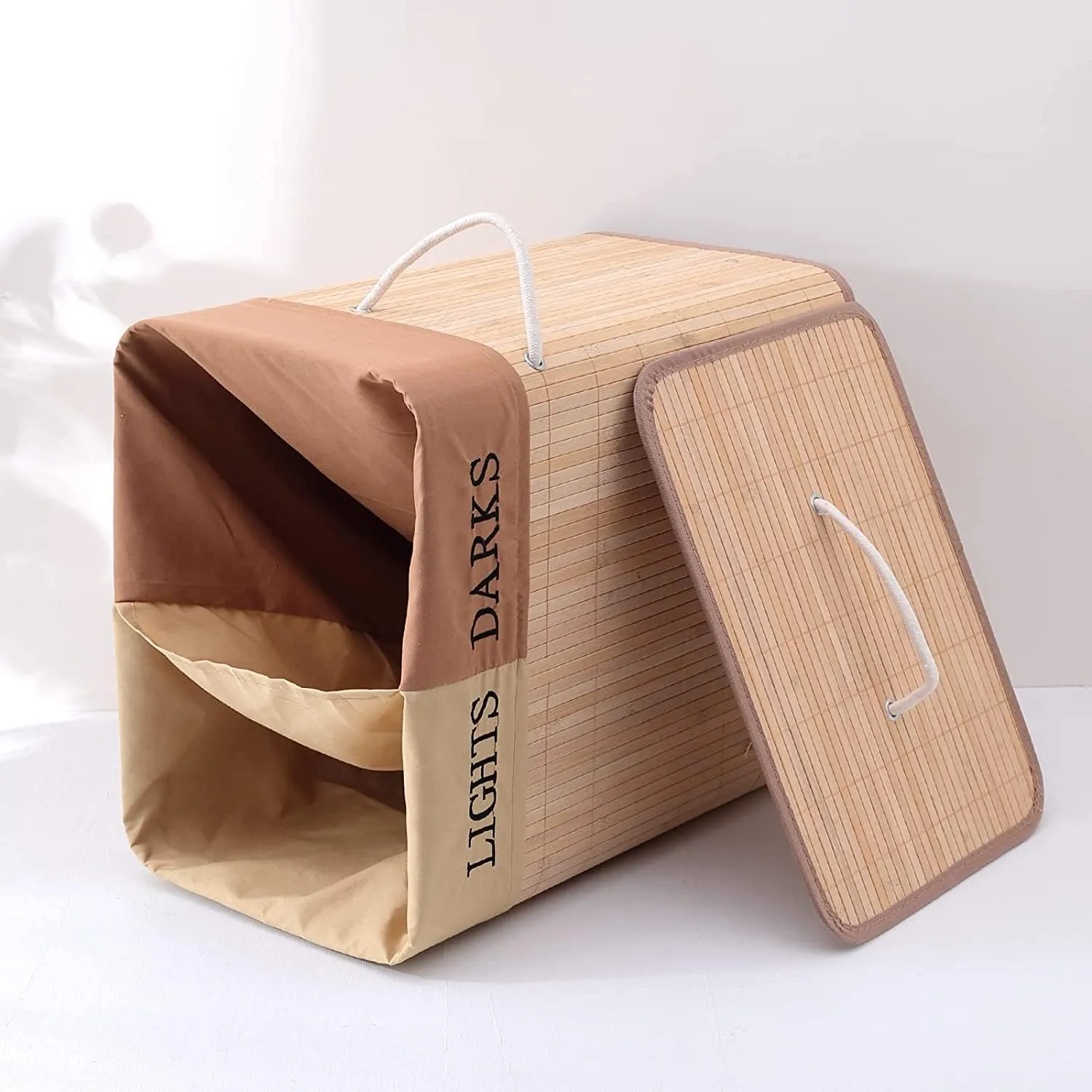 Kuber Industries Bamboo Basket With Lid|Foldable Laundry Basket For Clothes|Durable Rope Handles & Removable Bag|Natural|Pack Of 5