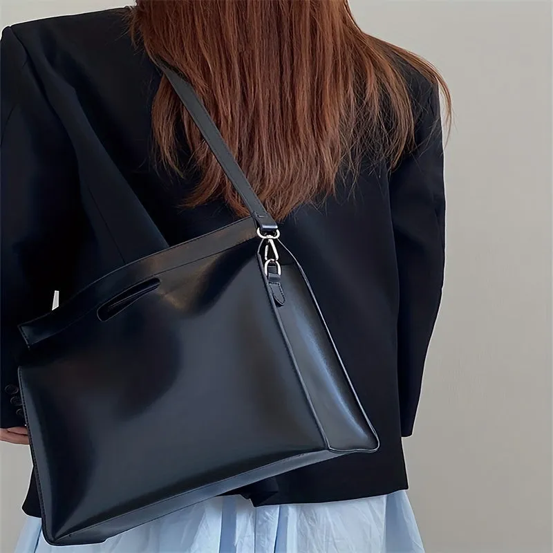 Minimalist Solid Color Commuter Bag, All-Match Satchel Document Bag, PU Leather Shoulder Bag