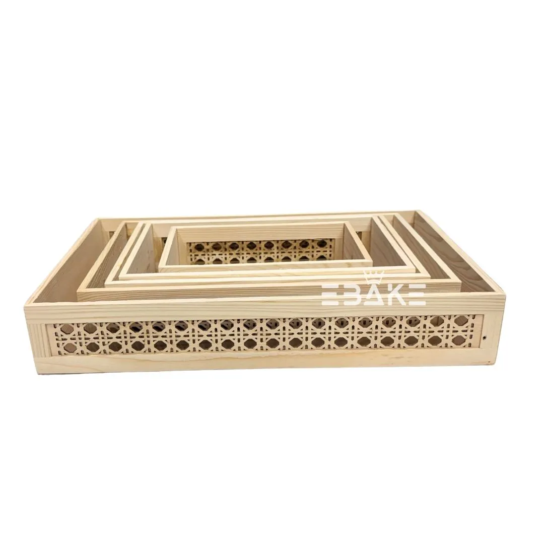 Pinewood Tray With Laser Design Set / Rectangle Wooden Hamper Tray (Set of 5 Sizes)