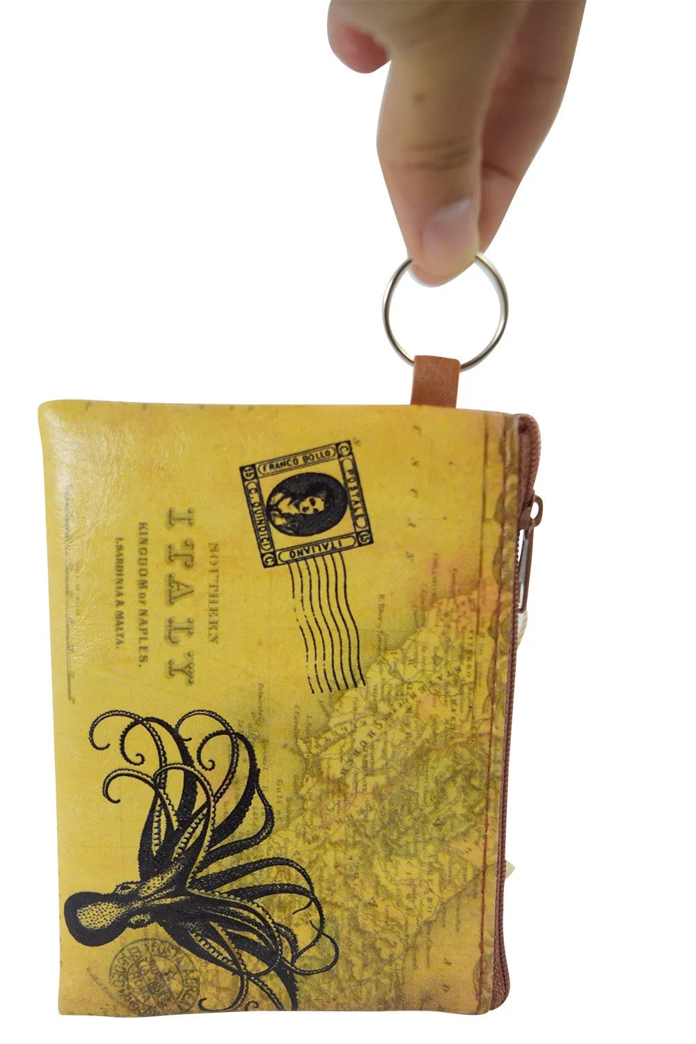 Vintage Map Globetrotter Italy Toilers of the Sea Octopus Coin Purse Keychain