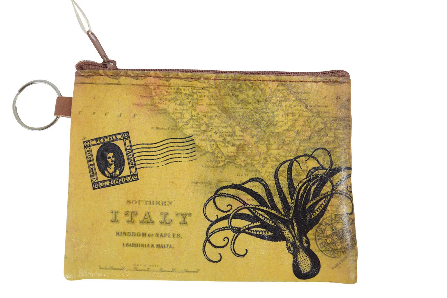 Vintage Map Globetrotter Italy Toilers of the Sea Octopus Coin Purse Keychain